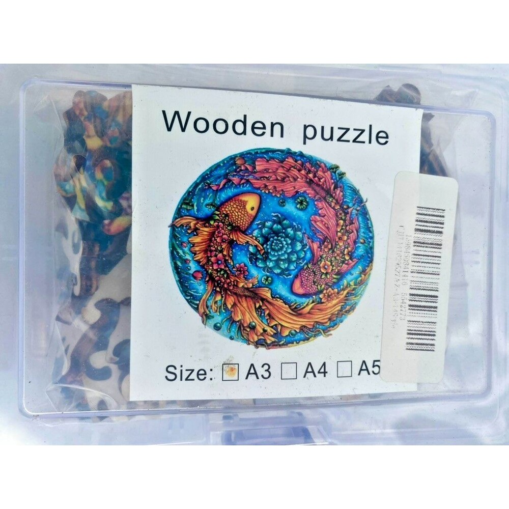 Wooden Jigsaw Puzzle Fish Koi Pisces Whimsical Fish Ocean w/ Case Carved Pieces